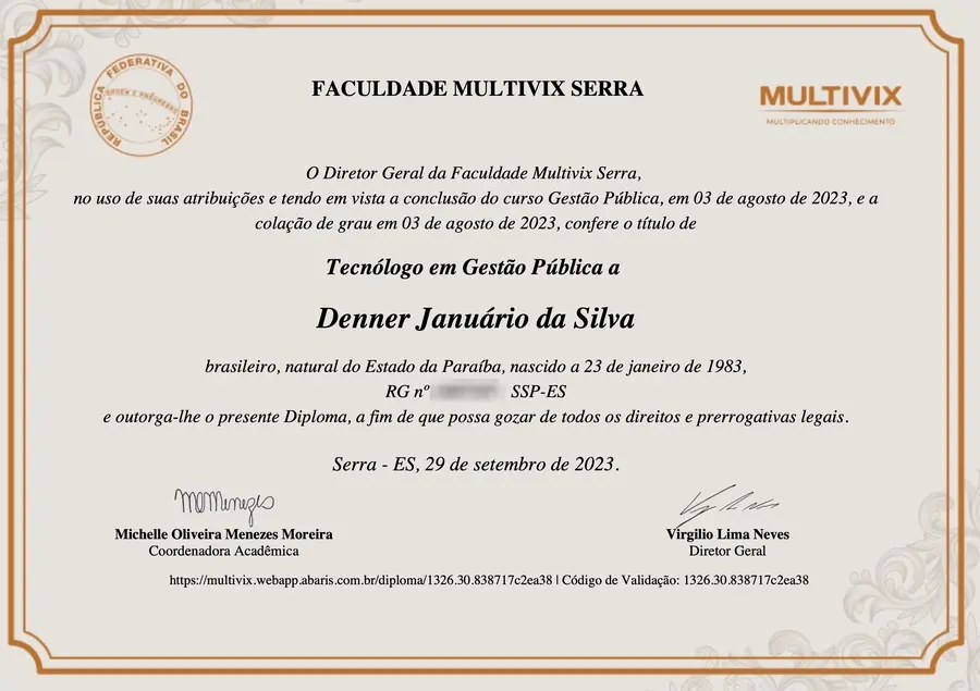 Diploma de Tecnólogo em Gestão Pública pela Multivix, 2023 (número de RG ocultado)